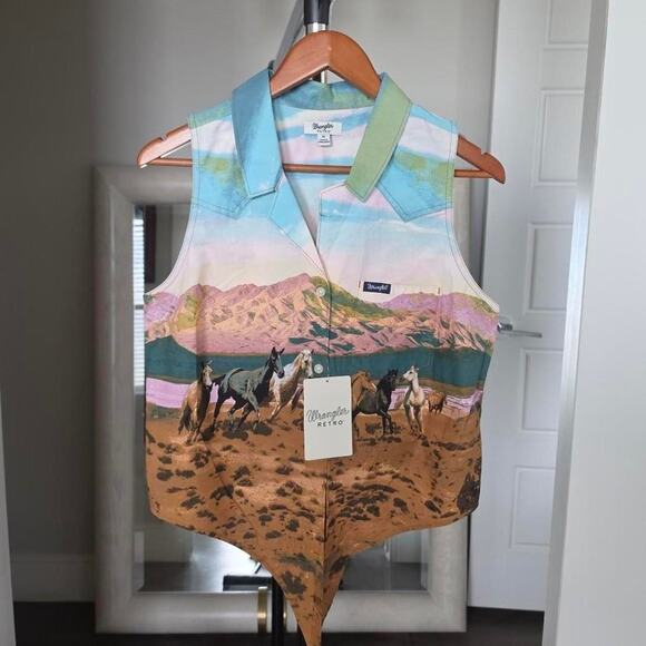 Wrangler Retro Americana Sleeveless Western Snap Shirt Blue Pink Size M NWT - Picture 3 of 6